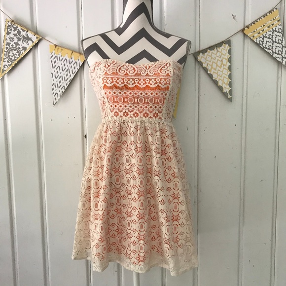 Flying Tomato Dresses & Skirts - Flying Tomato Cream & Orange Lace Strapless Dress